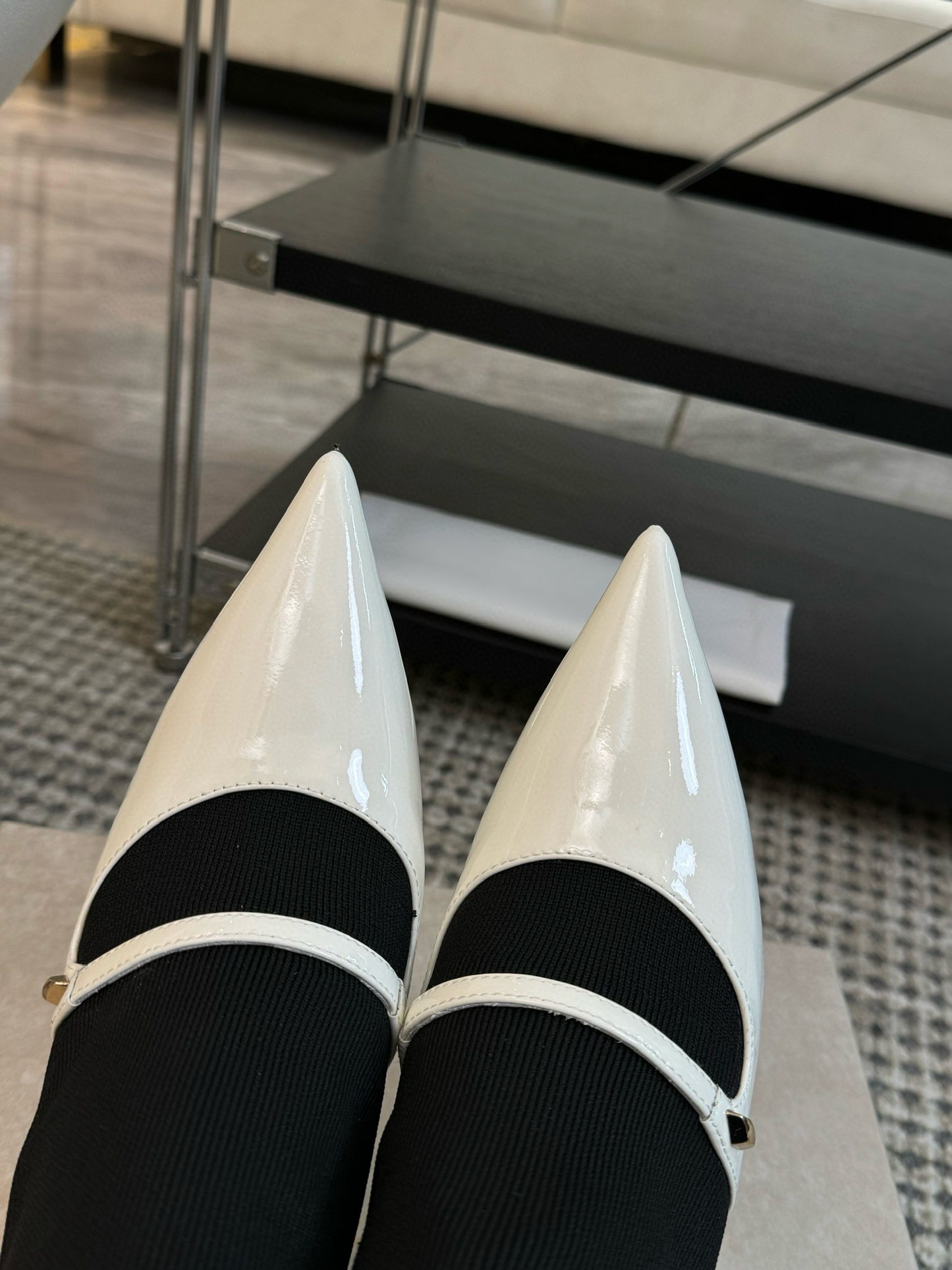 White and Black Leather & Knit Ankle Boots