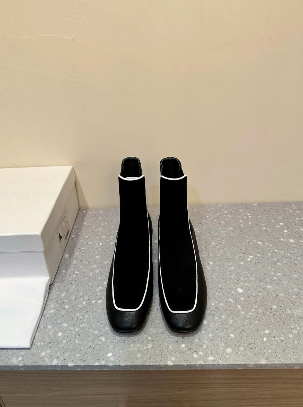 Velvet-trimmed leather ankle boots