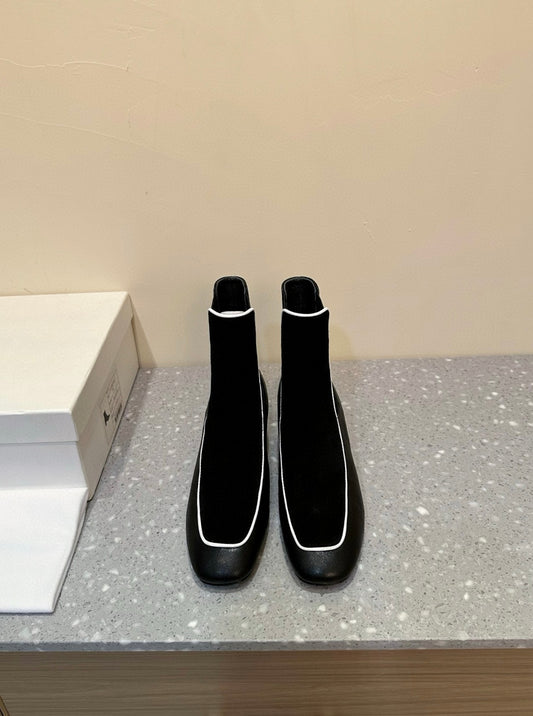 Velvet-trimmed leather ankle boots