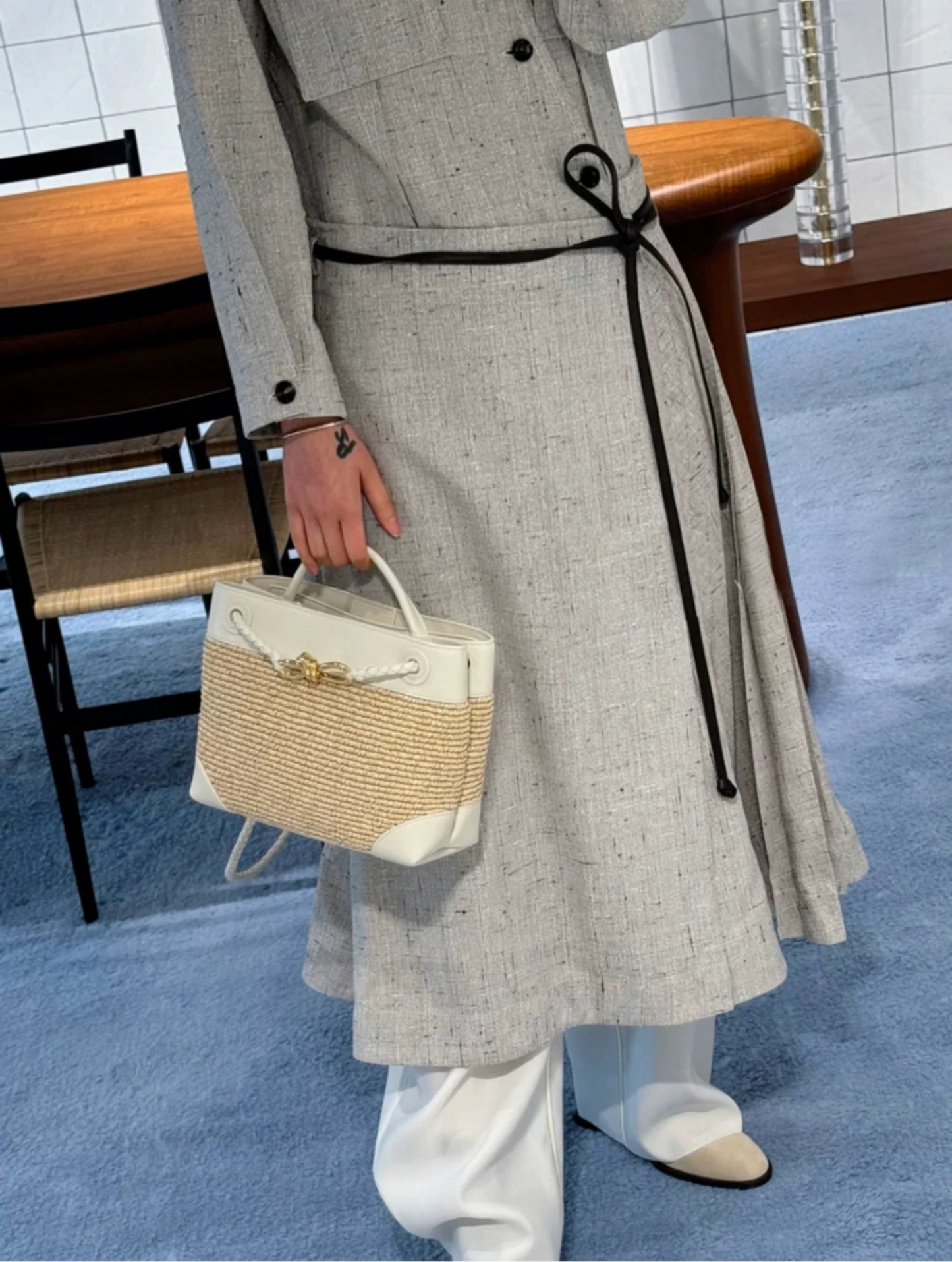 Small Andiamo Bag #2261 Two Tone Raffia and Cow Blue
