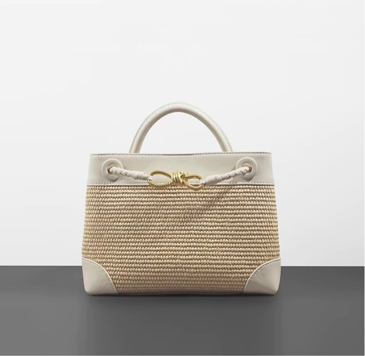 Small Andiamo Bag #2261 Two Tone Raffia and Cow White