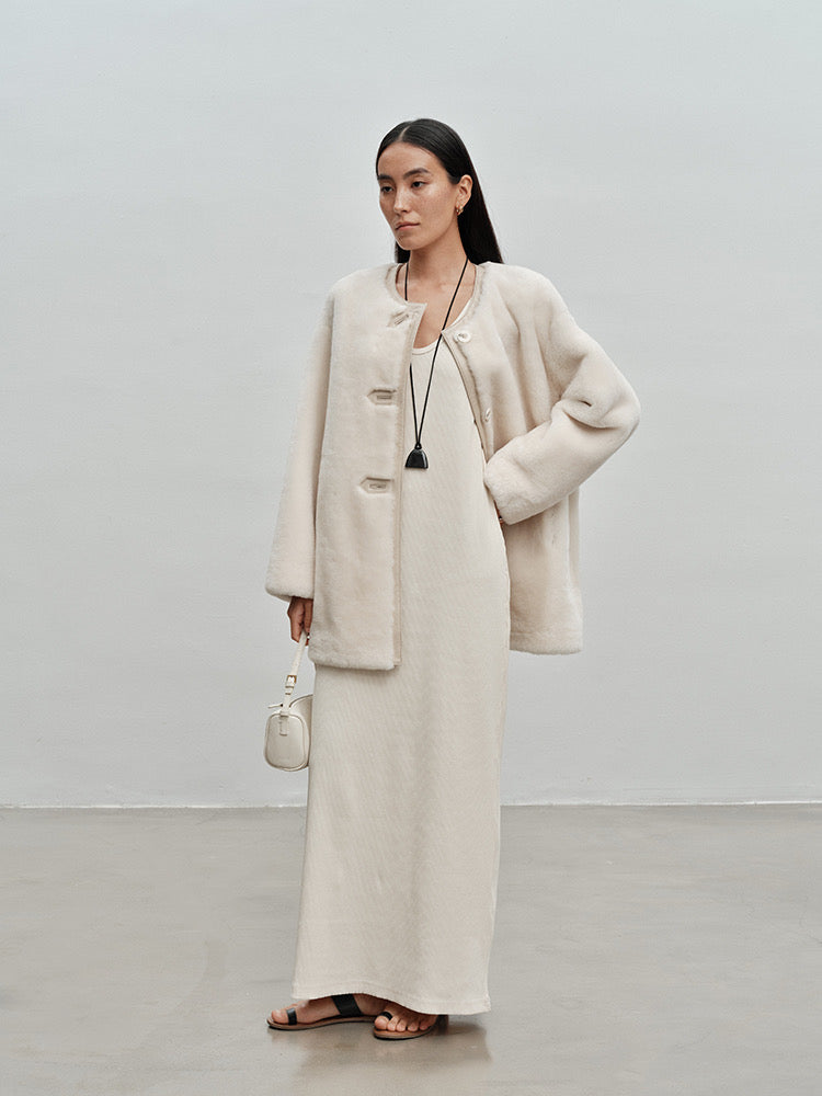 M House Relaxed Merino Shearling Mid-long Coat with Round Neck Ivory