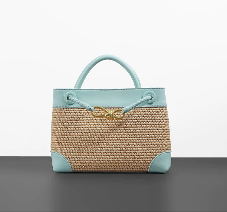 Small Andiamo Bag #2261 Two Tone Raffia and Cow Blue