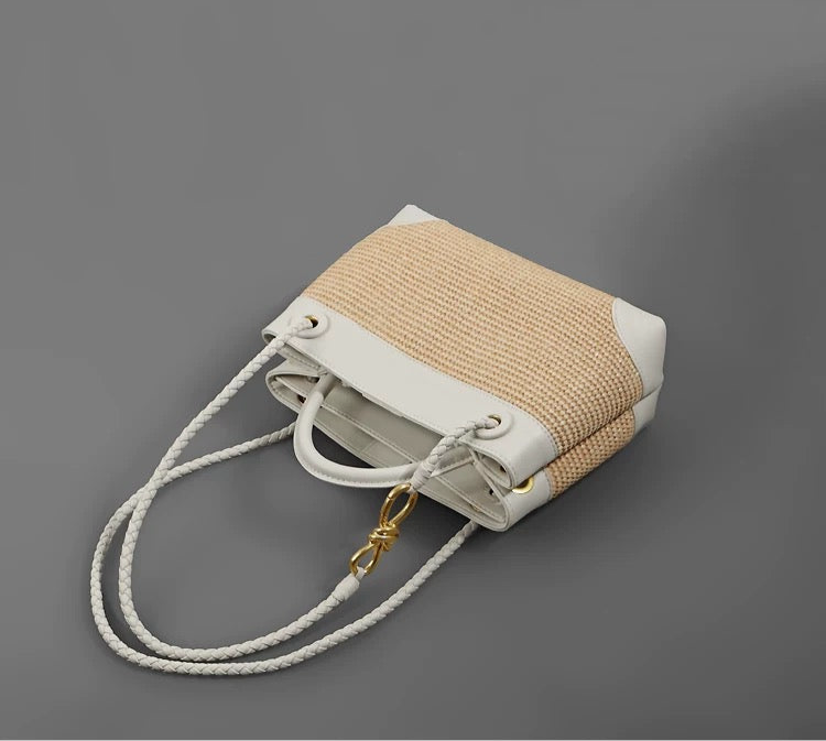 Small Andiamo Bag #2261 Two Tone Raffia and Cow White