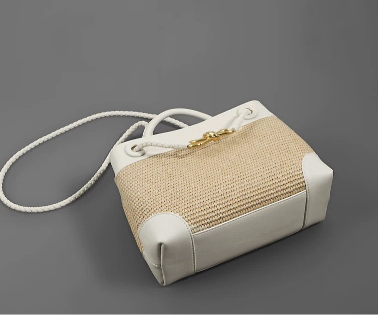 Small Andiamo Bag #2261 Two Tone Raffia and Cow White