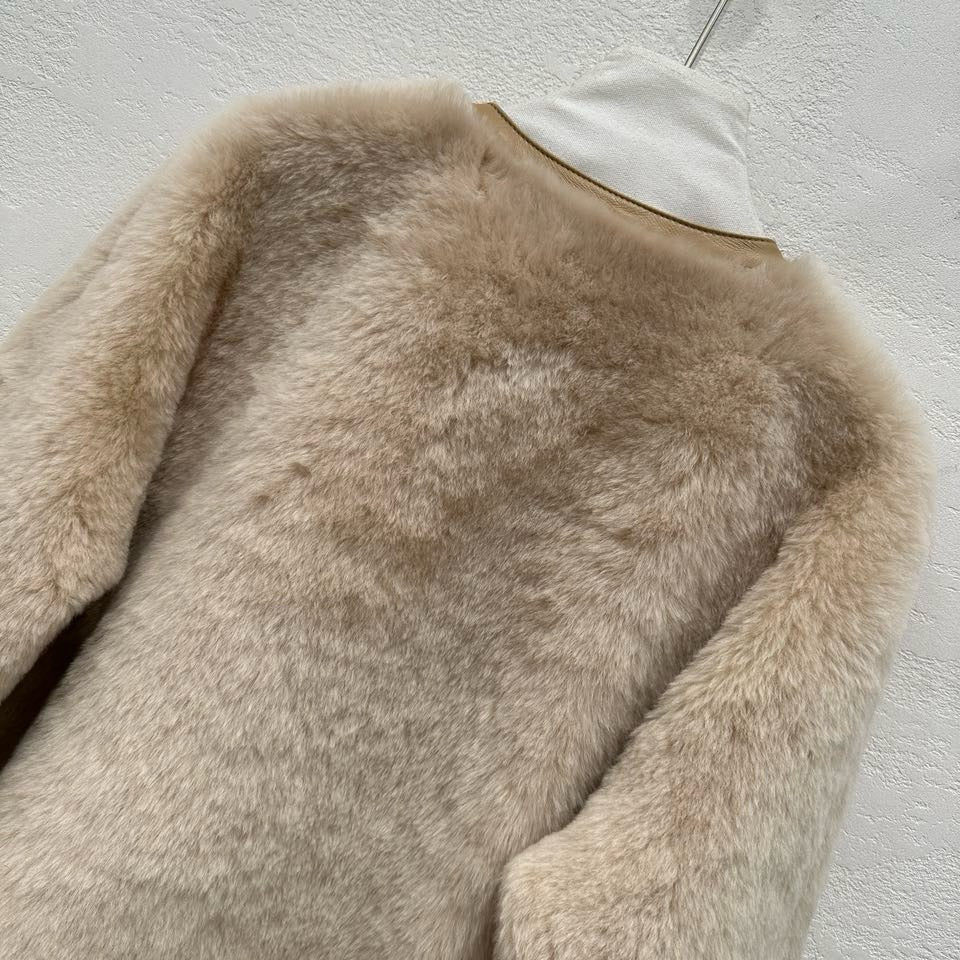 M House Relaxed Merino Shearling Mid-long Coat with Round Neck Champagne