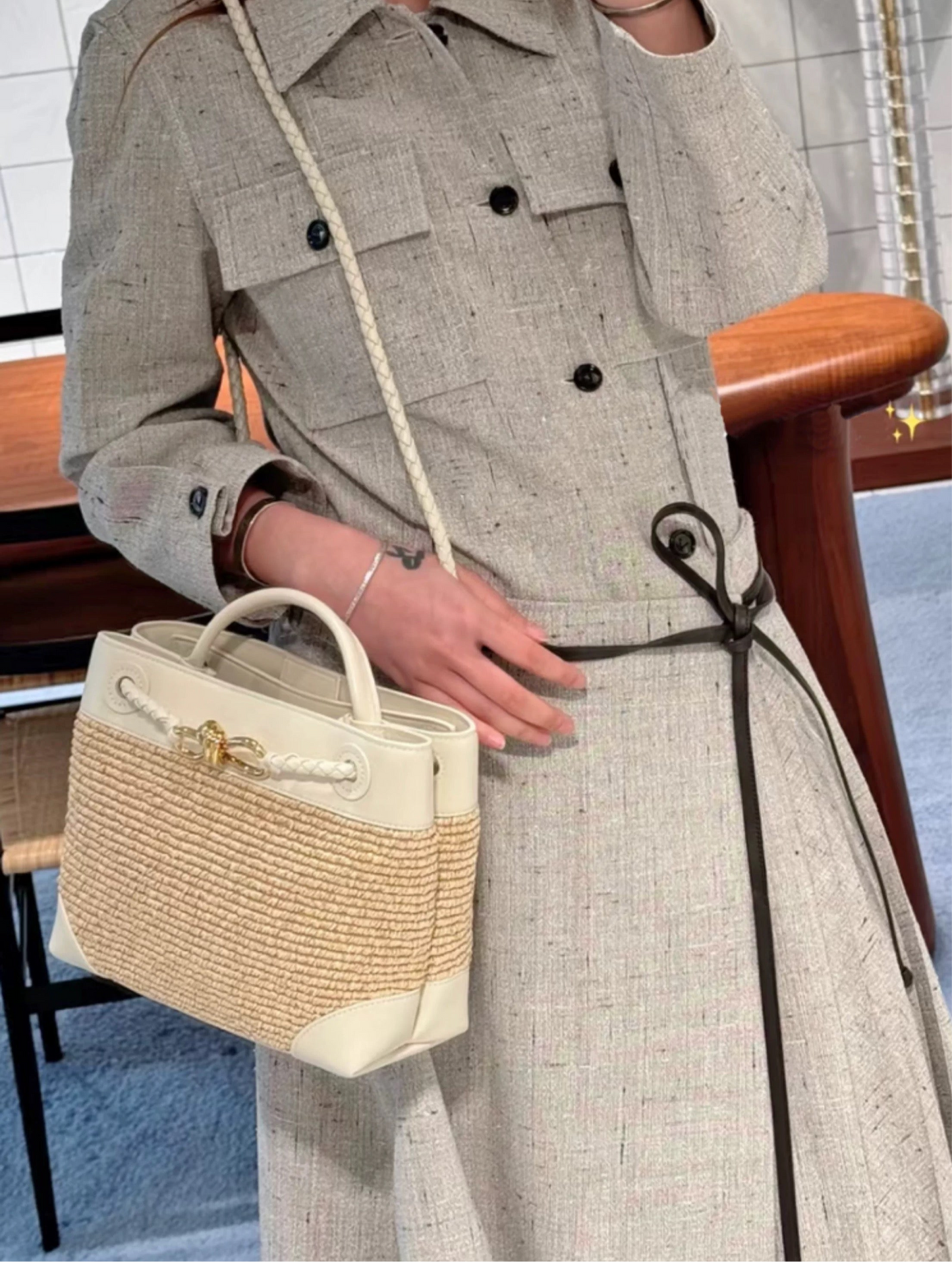 Small Andiamo Bag #2261 Two Tone Raffia and Cow White