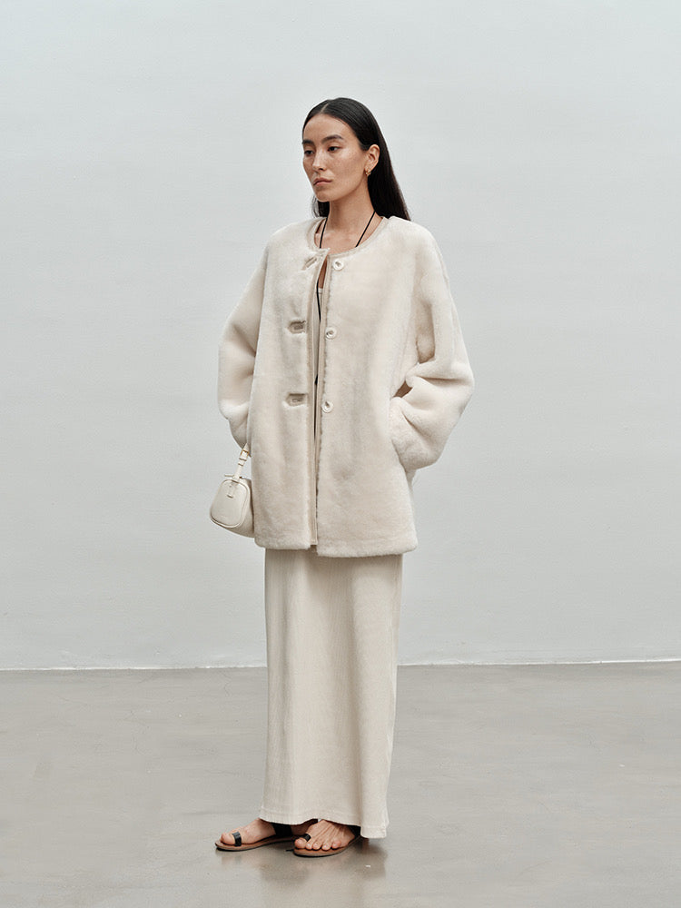 M House Relaxed Merino Shearling Mid-long Coat with Round Neck Ivory