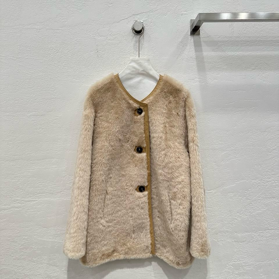 M House Relaxed Merino Shearling Mid-long Coat with Round Neck Champagne
