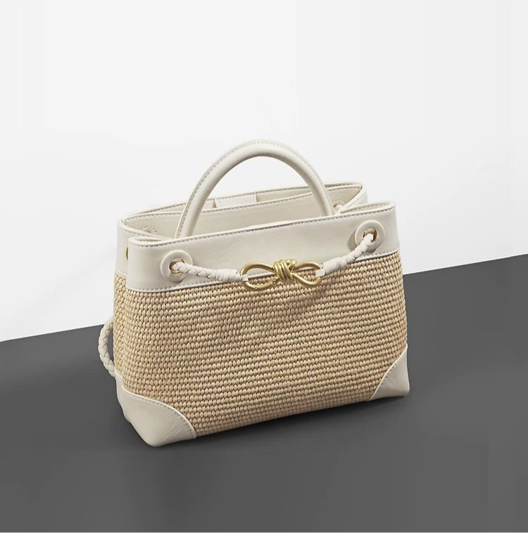 Small Andiamo Bag #2261 Two Tone Raffia and Cow White