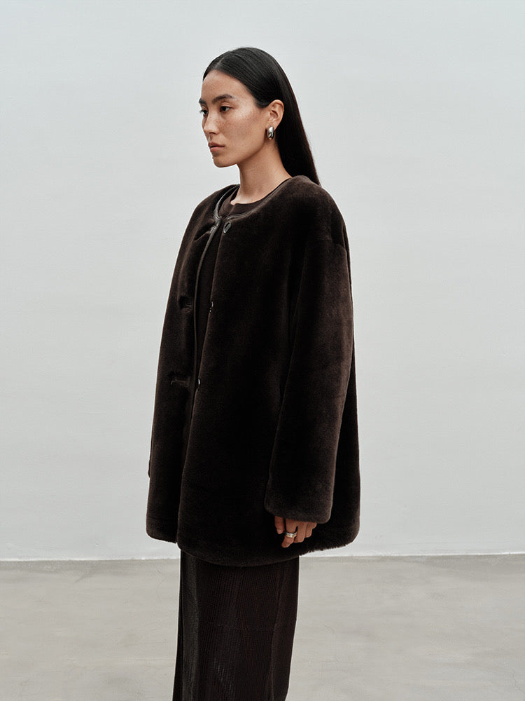 M House Relaxed Merino Shearling Mid-long Coat with Round Neck Dark Coffee