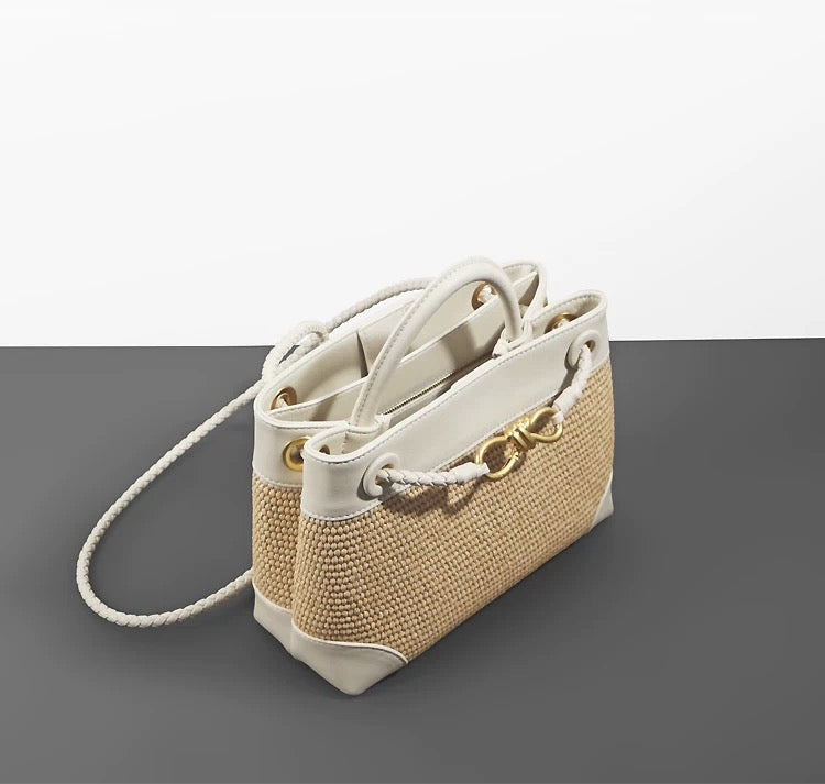 Small Andiamo Bag #2261 Two Tone Raffia and Cow White