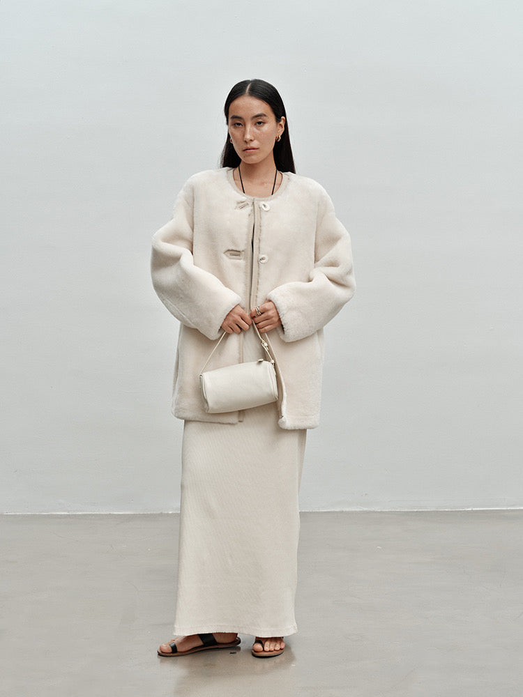 M House Relaxed Merino Shearling Mid-long Coat with Round Neck Ivory