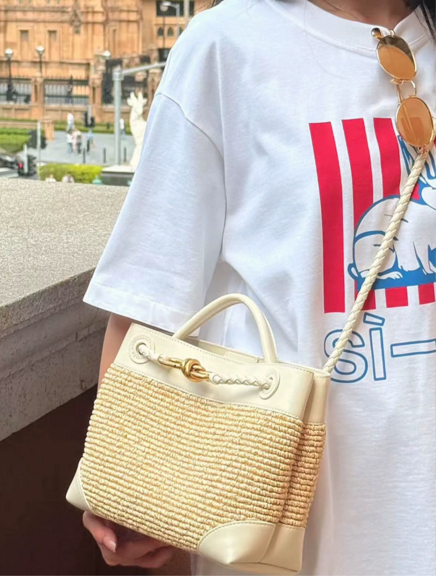 Small Andiamo Bag #2261 Two Tone Raffia and Cow White