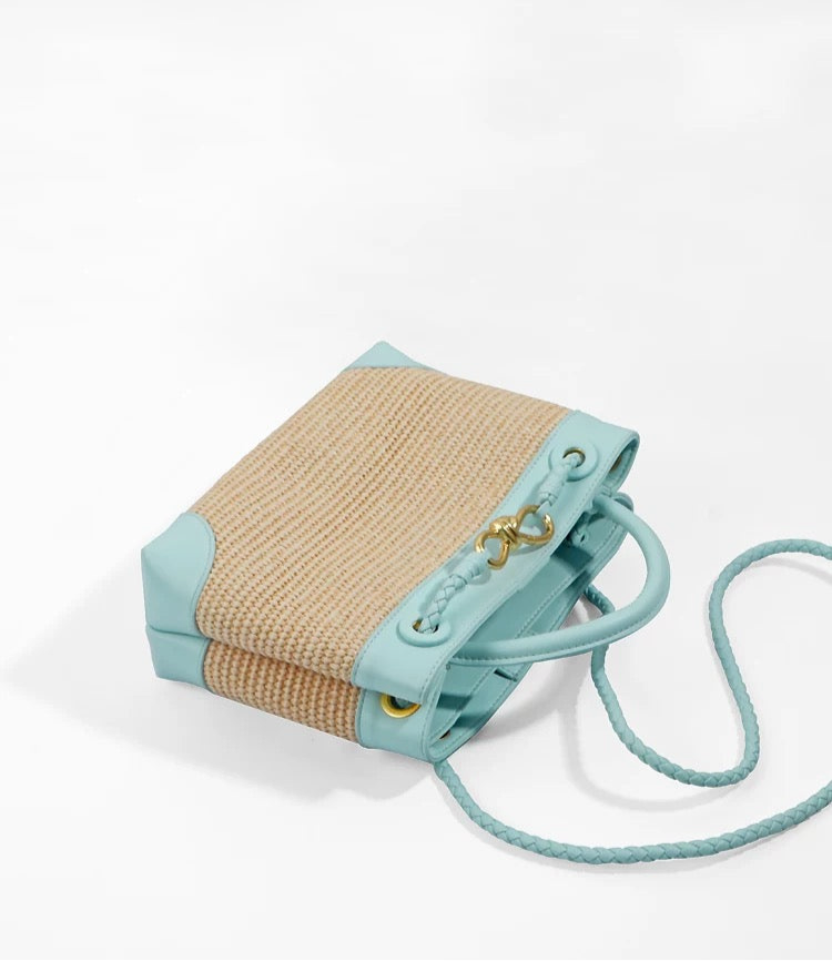 Small Andiamo Bag #2261 Two Tone Raffia and Cow Blue