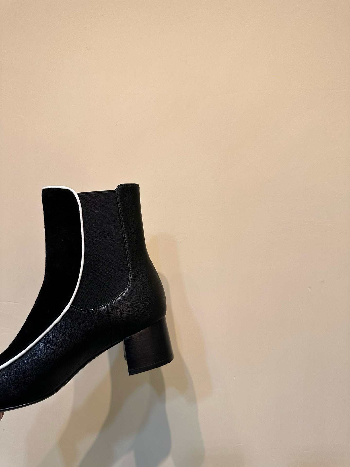 Velvet-trimmed leather ankle boots