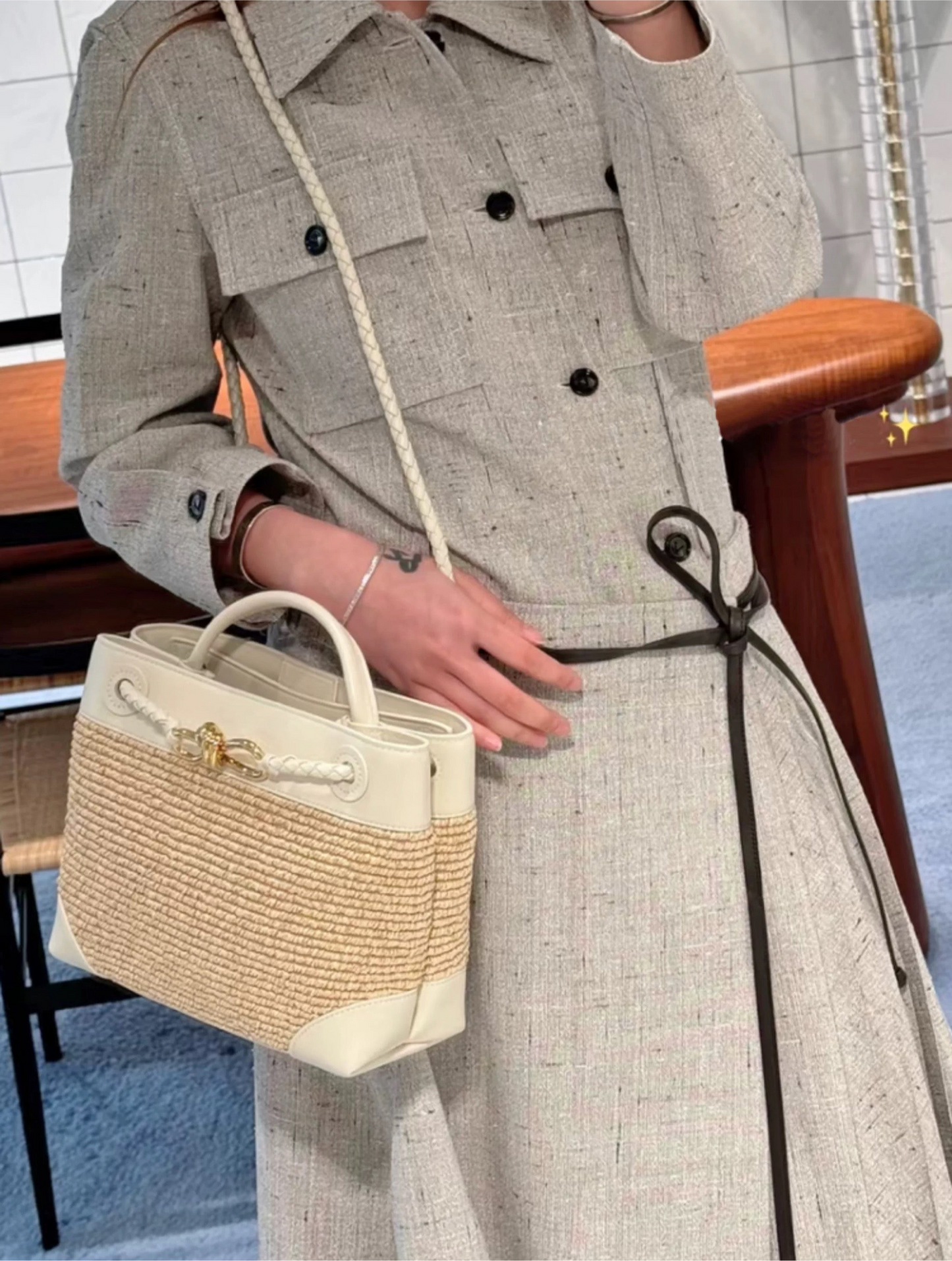 Small Andiamo Bag #2261 Two Tone Raffia and Cow Blue