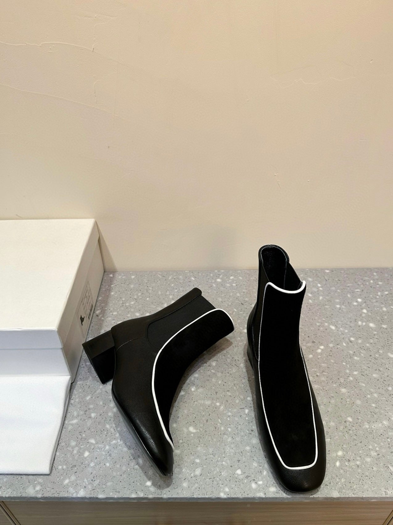 Velvet-trimmed leather ankle boots