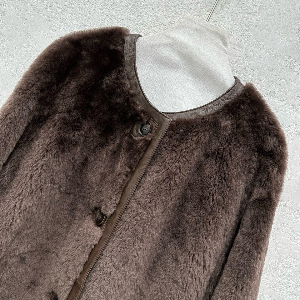 M House Relaxed Merino Shearling Mid-long Coat with Round Neck Dark Coffee