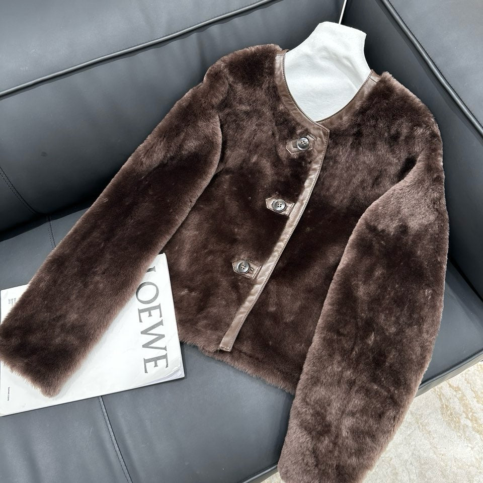 M House Relaxed Merino Shearling Mid-long Coat with Round Neck Dark Coffee