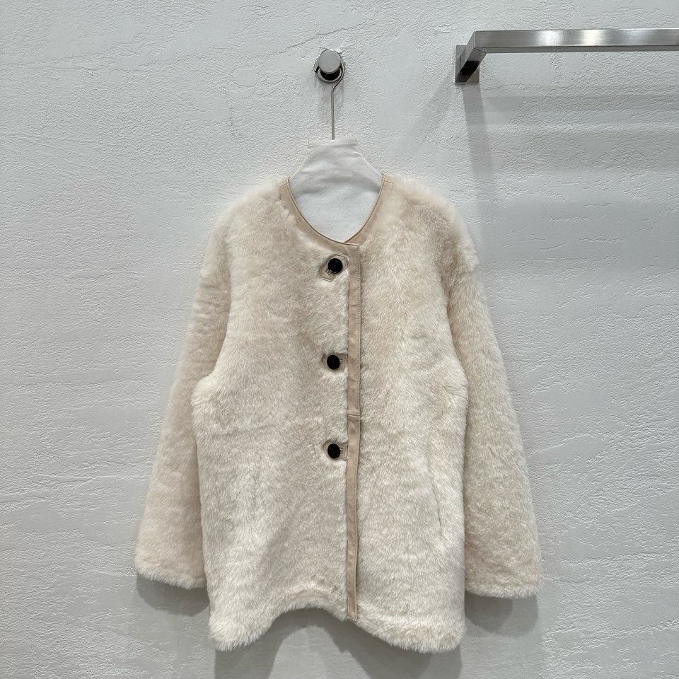 M House Relaxed Merino Shearling Mid-long Coat with Round Neck Ivory