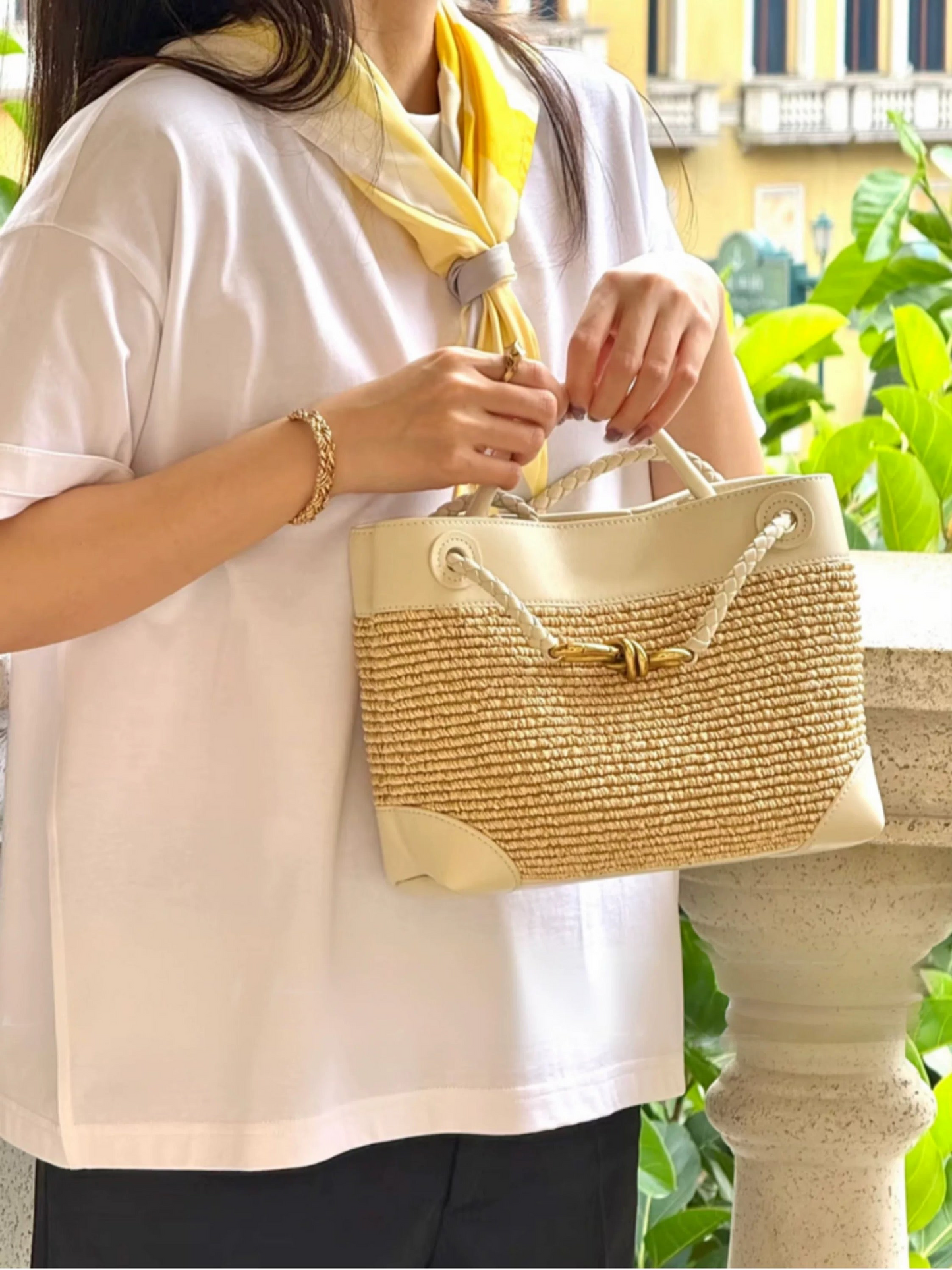 Small Andiamo Bag #2261 Two Tone Raffia and Cow White