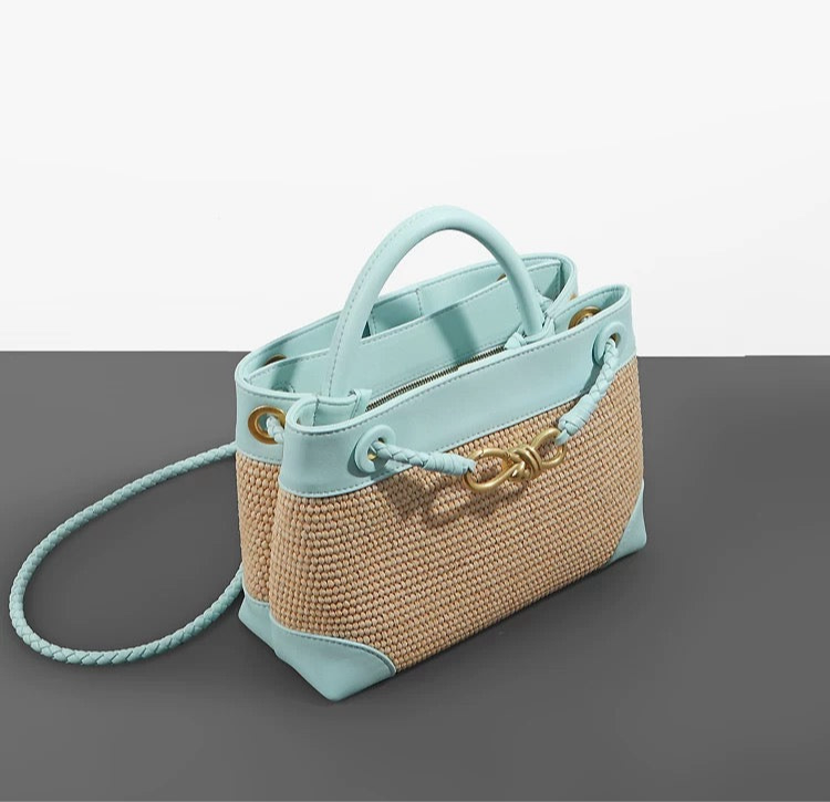 Small Andiamo Bag #2261 Two Tone Raffia and Cow Blue