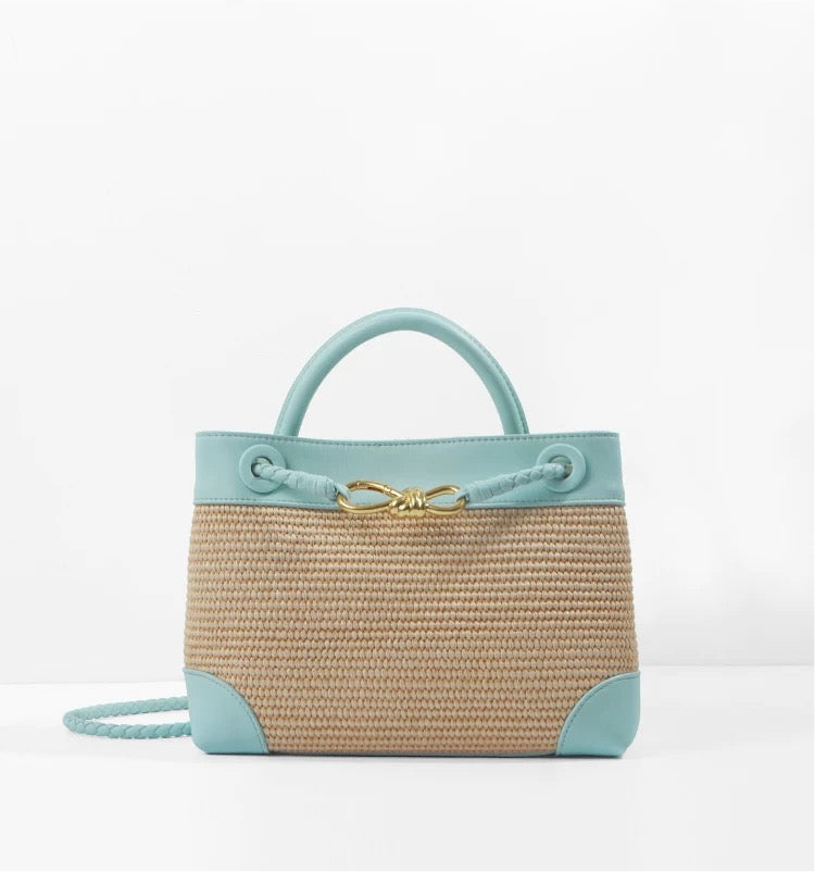 Small Andiamo Bag #2261 Two Tone Raffia and Cow Blue