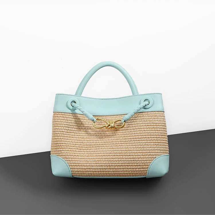 Small Andiamo Bag #2261 Two Tone Raffia and Cow Blue