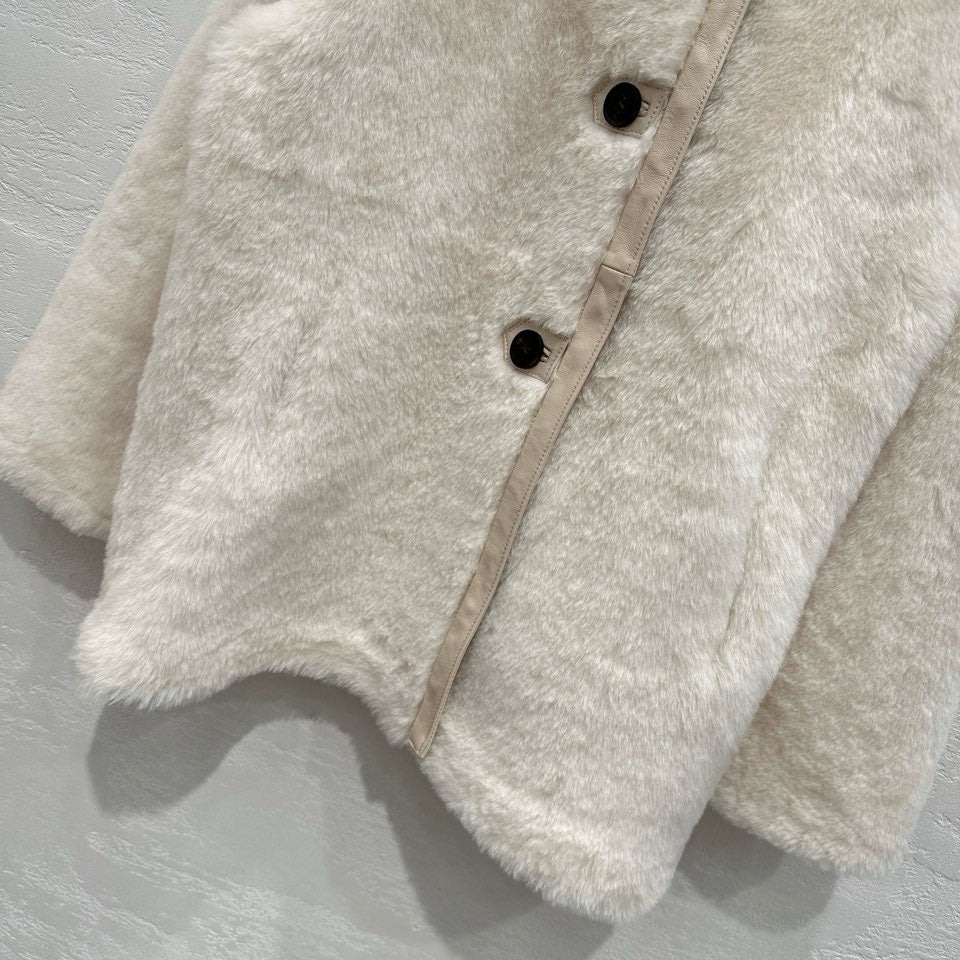 M House Relaxed Merino Shearling Mid-long Coat with Round Neck Ivory