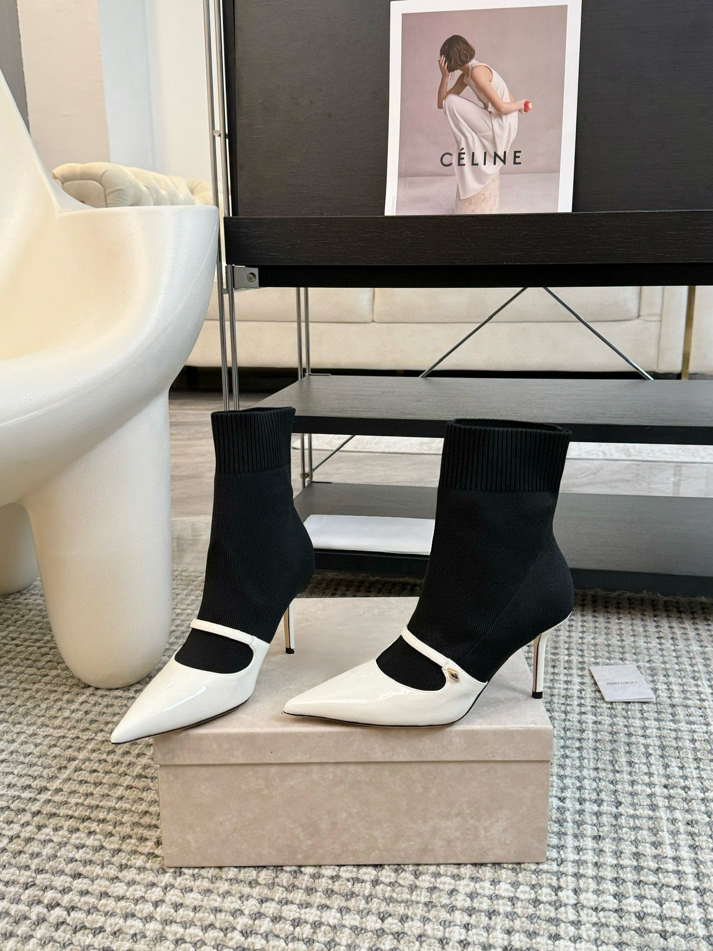 White and Black Leather & Knit Ankle Boots