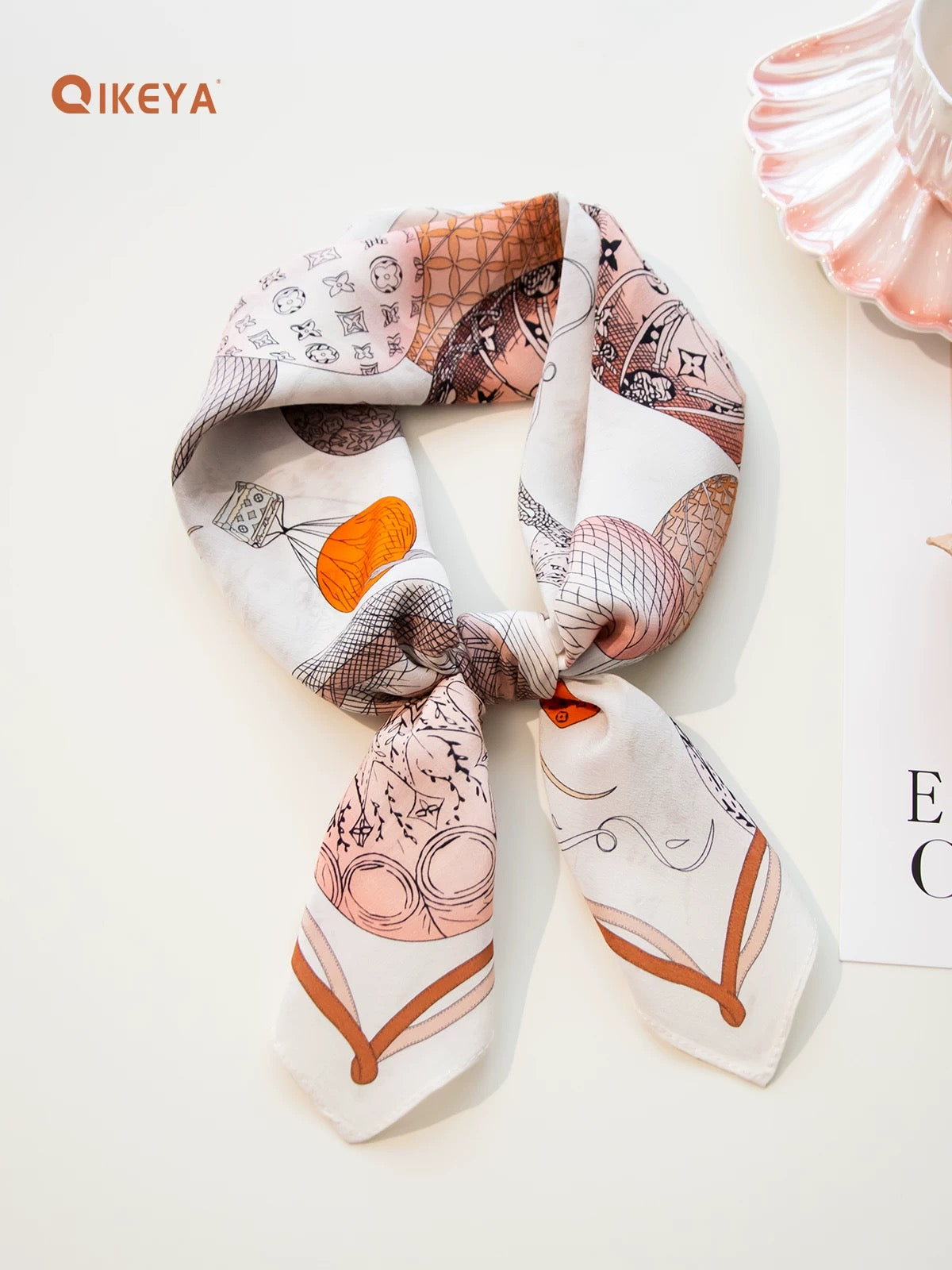 Pure-silk crêpe-de-Chine scarf 100 % mulberry silk 70cm Square Hot air balloon Monogram
