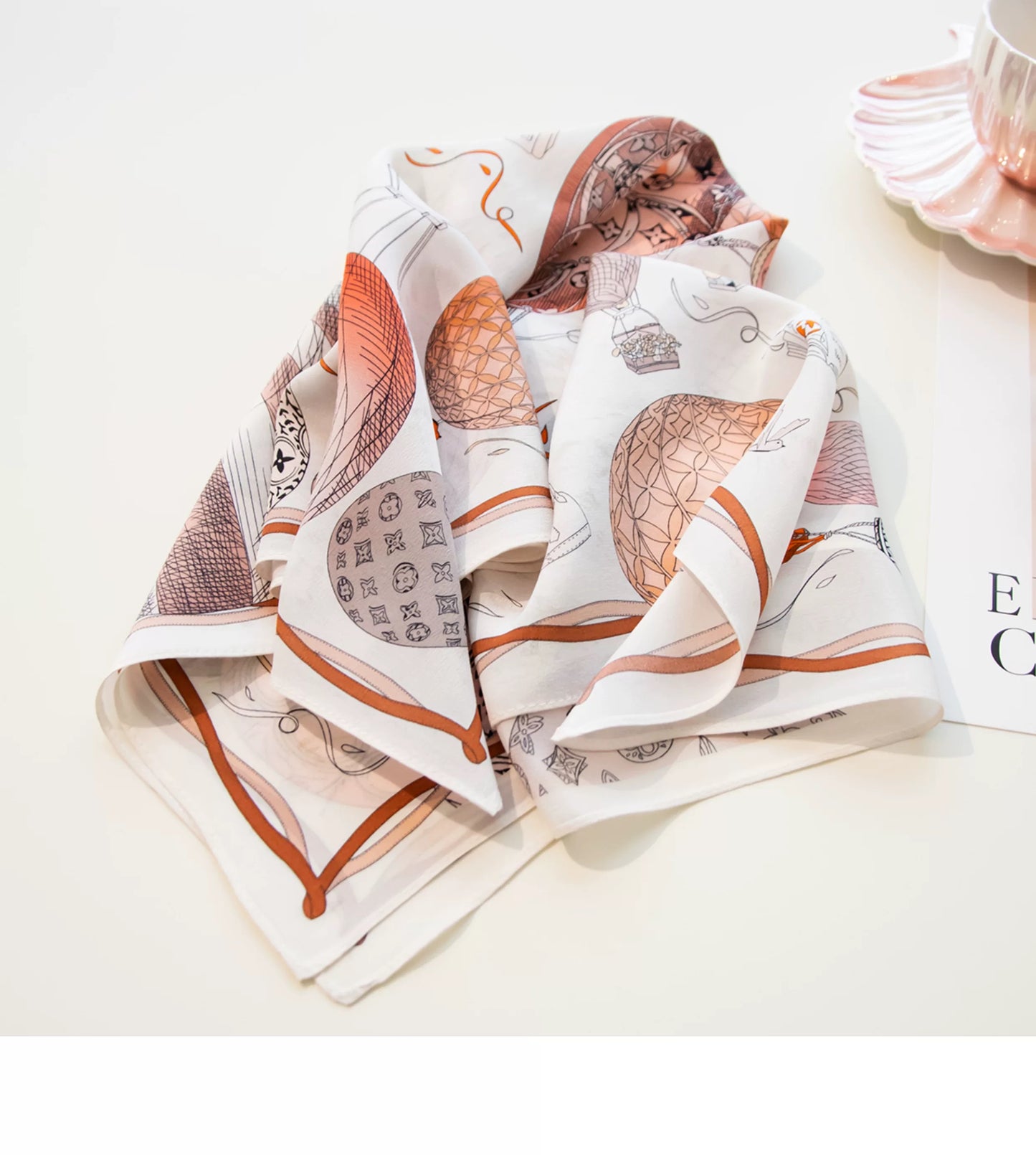 Pure-silk crêpe-de-Chine scarf 100 % mulberry silk 70cm Square Hot air balloon Monogram