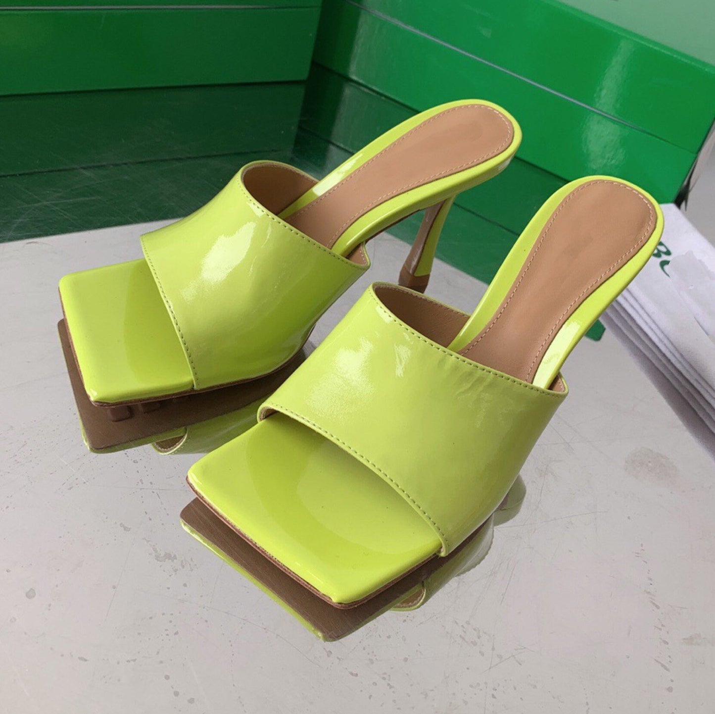 Square Toe High Heel Mule Patented Leather Sandal Shoes Slippers genuine lambskin leather
