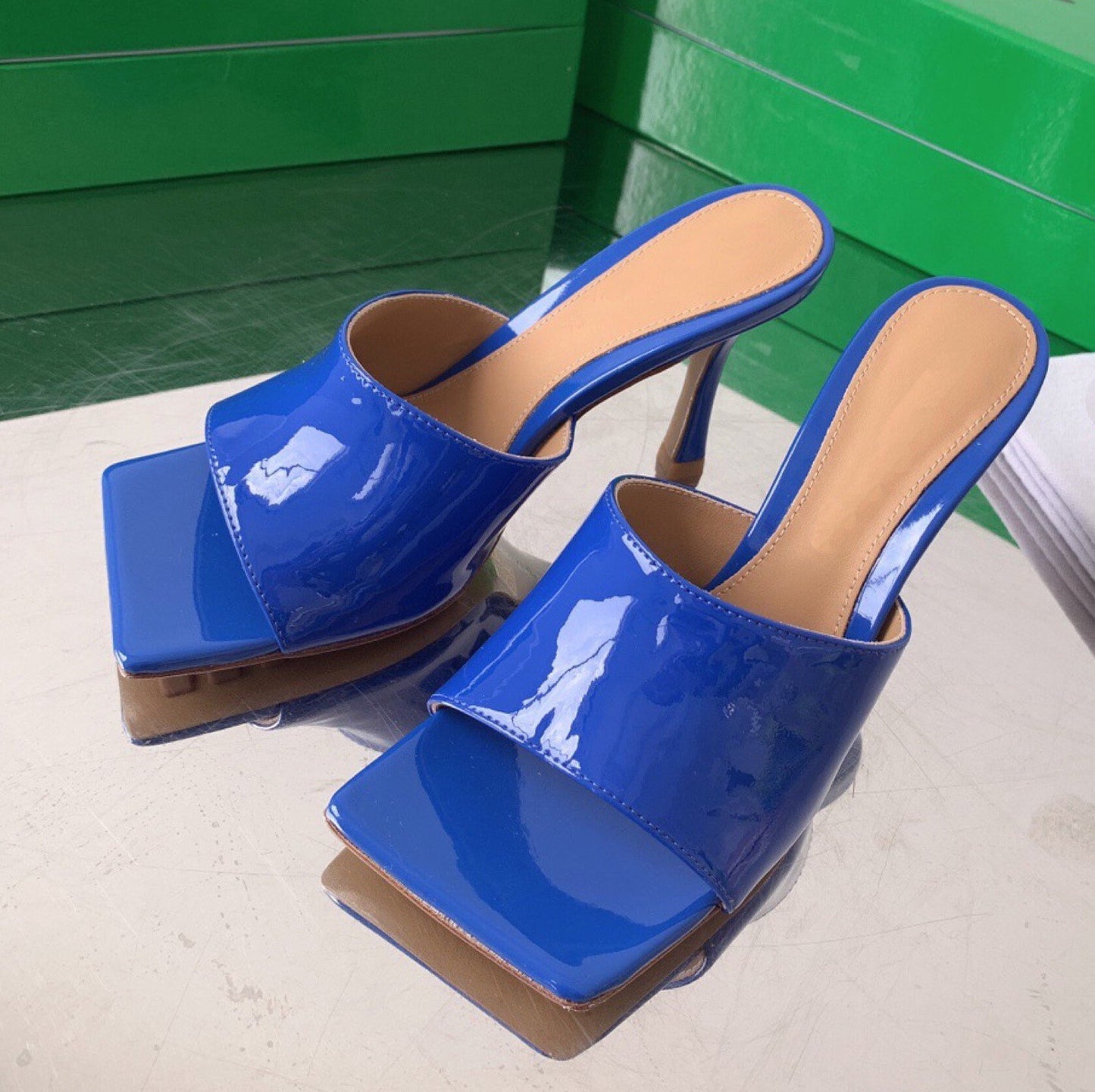 Square Toe High Heel Mule Patented Leather Sandal Shoes Slippers genuine lambskin leather