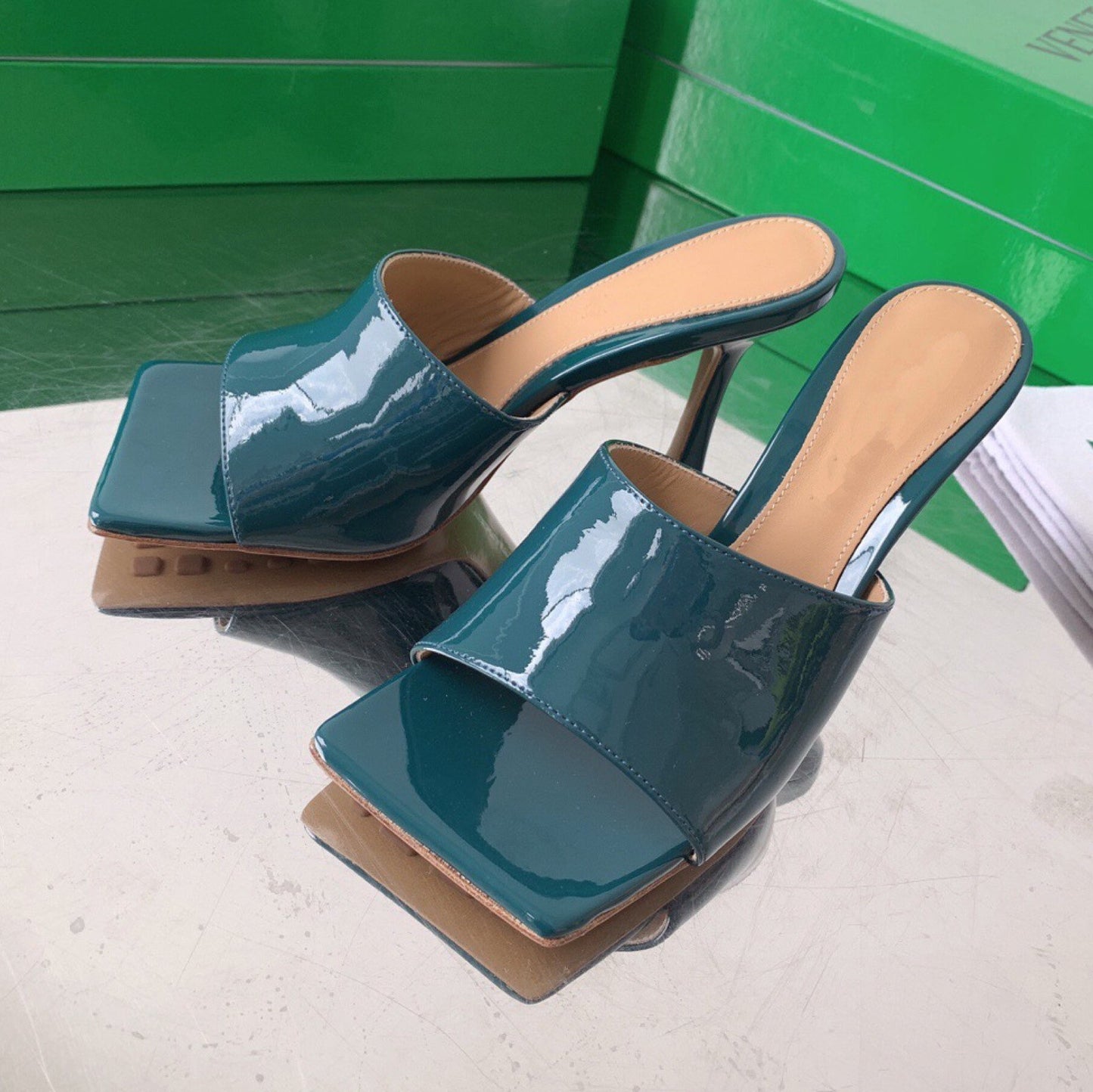 Square Toe High Heel Mule Patented Leather Sandal Shoes Slippers genuine lambskin leather