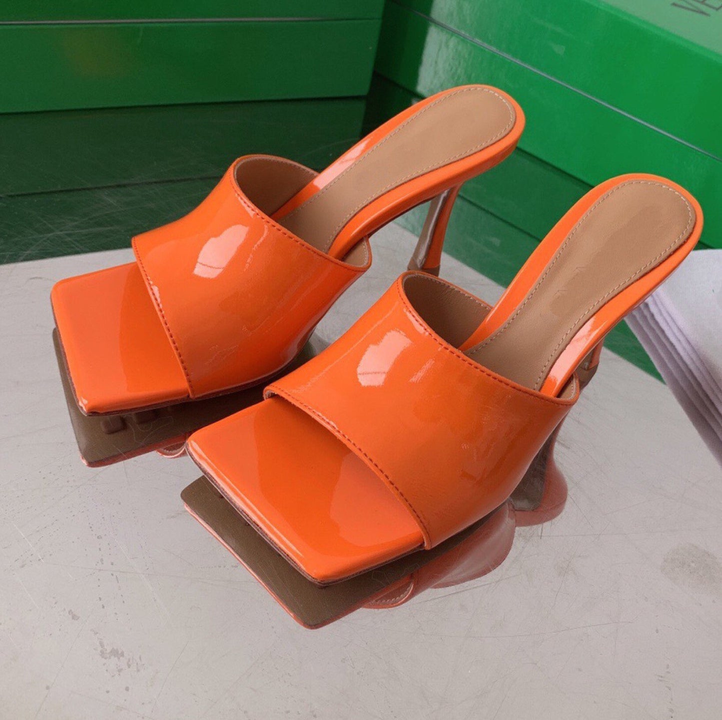 Square Toe High Heel Mule Patented Leather Sandal Shoes Slippers genuine lambskin leather
