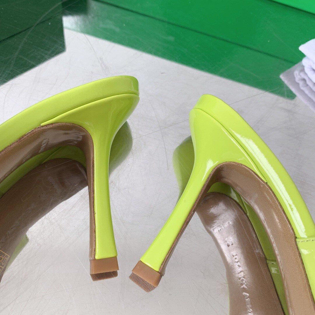 Square Toe High Heel Mule Patented Leather Sandal Shoes Slippers genuine lambskin leather