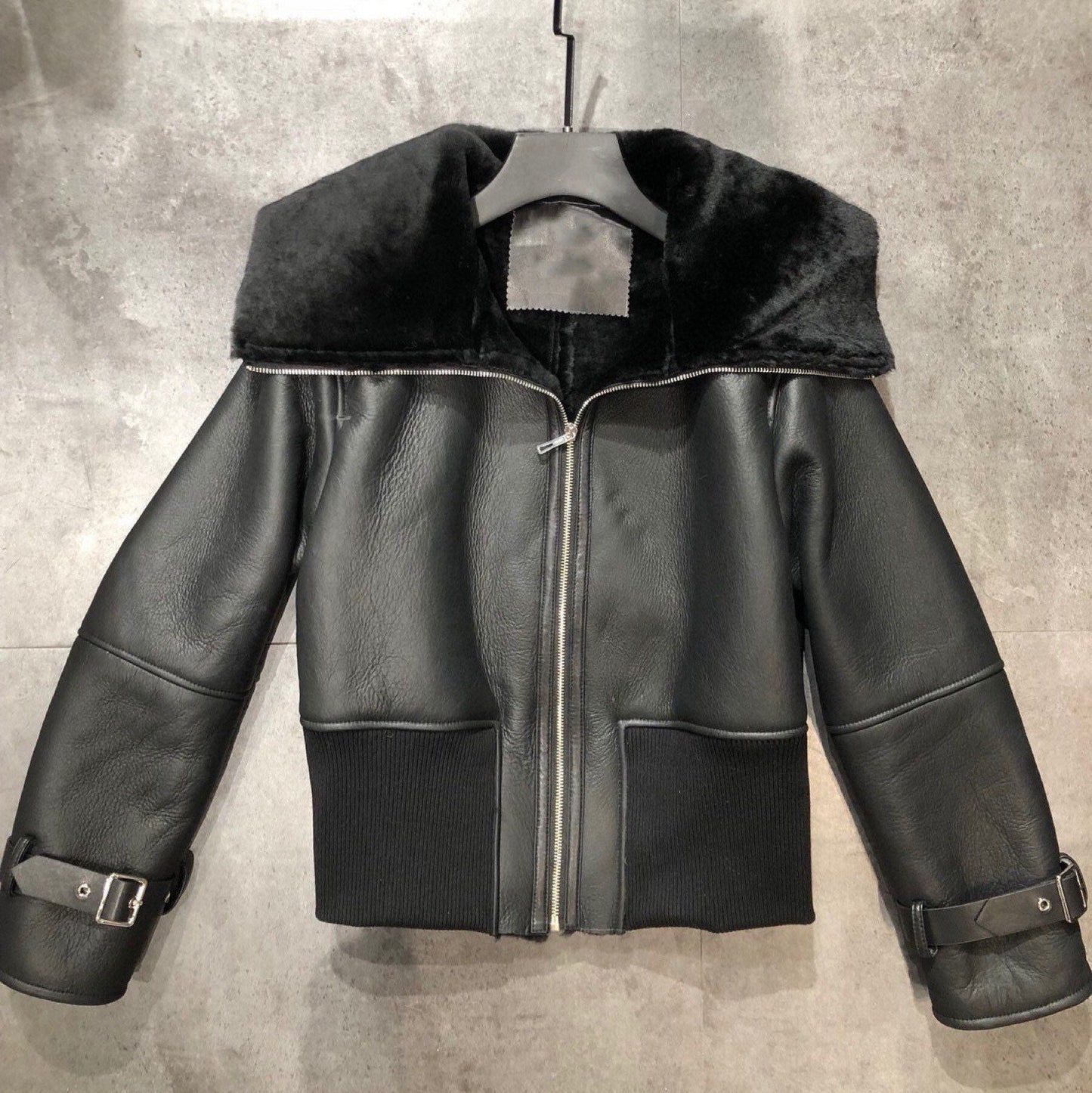 Leather Jacket Double Face Wool Shearling Bomber Jacket Motorcycle Jacket