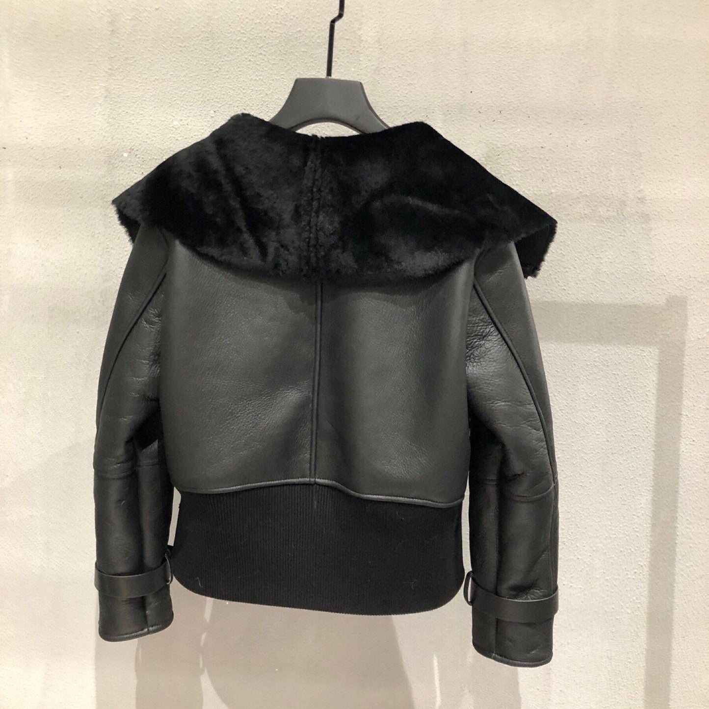 Leather Jacket Double Face Wool Shearling Bomber Jacket Motorcycle Jacket