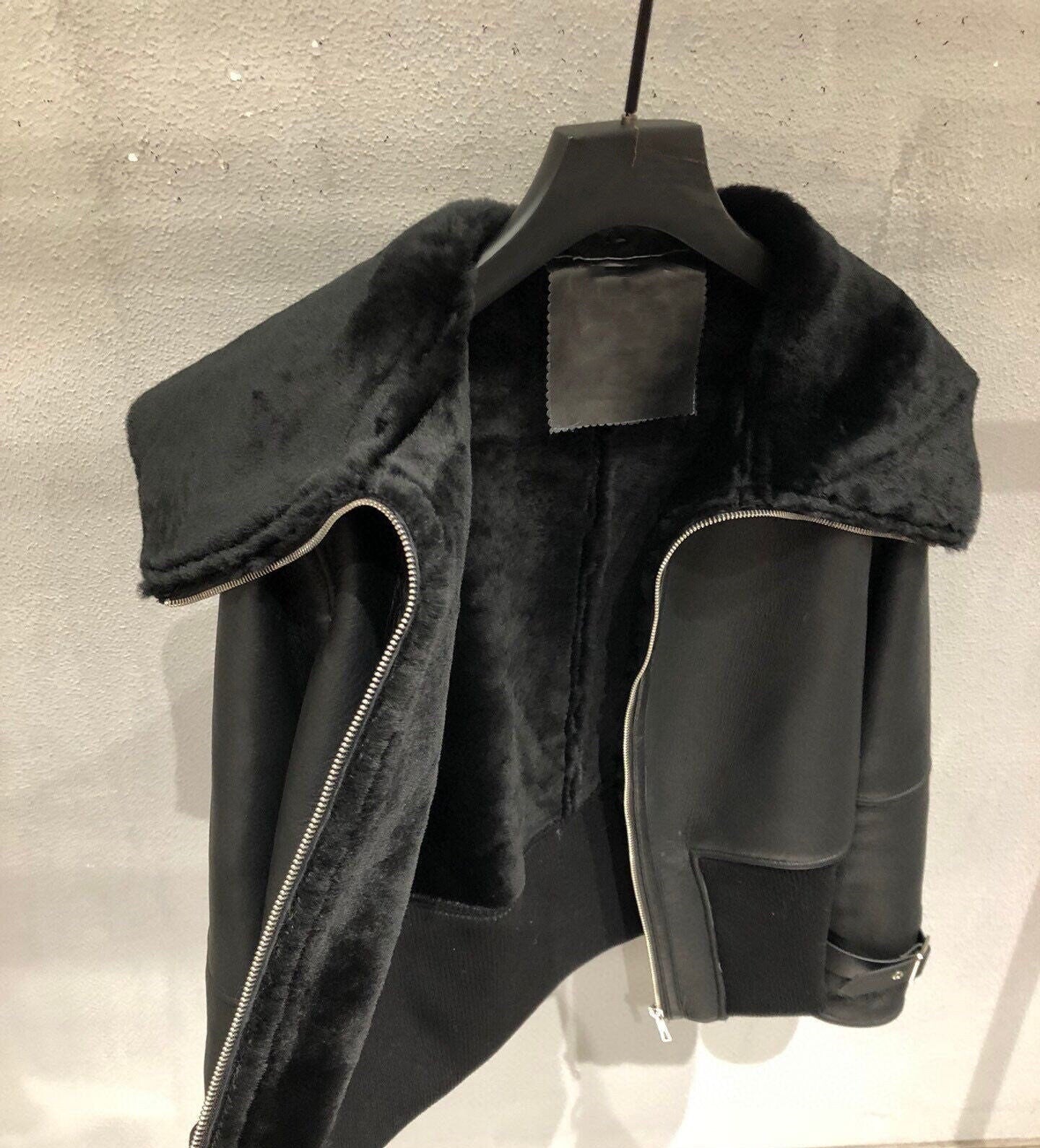 Leather Jacket Double Face Wool Shearling Bomber Jacket Motorcycle Jacket