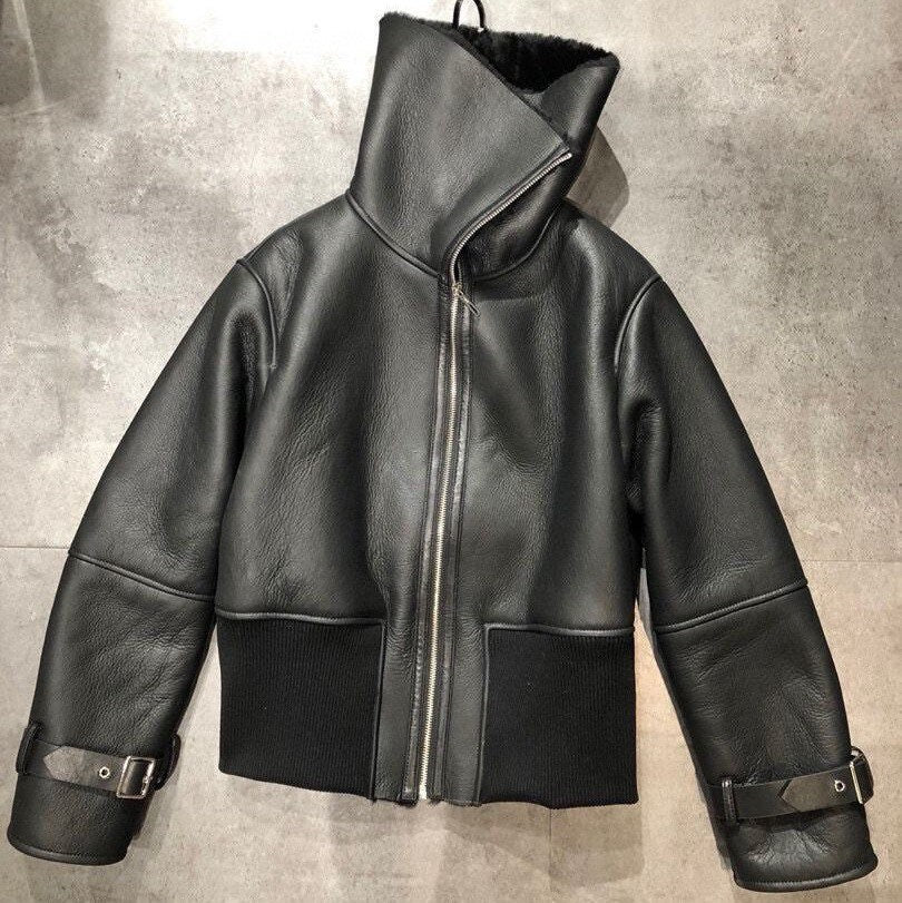Leather Jacket Double Face Wool Shearling Bomber Jacket Motorcycle Jacket