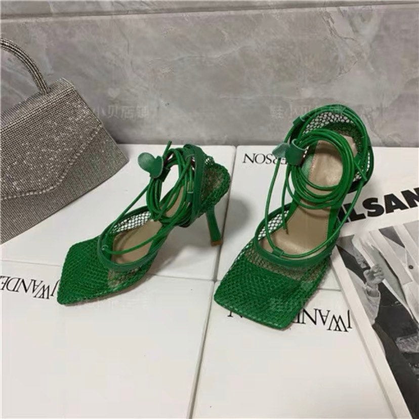 woven intrecciato sandal shoes stretch high heel shoes mesh and nappa sandals with an elongated squared toe