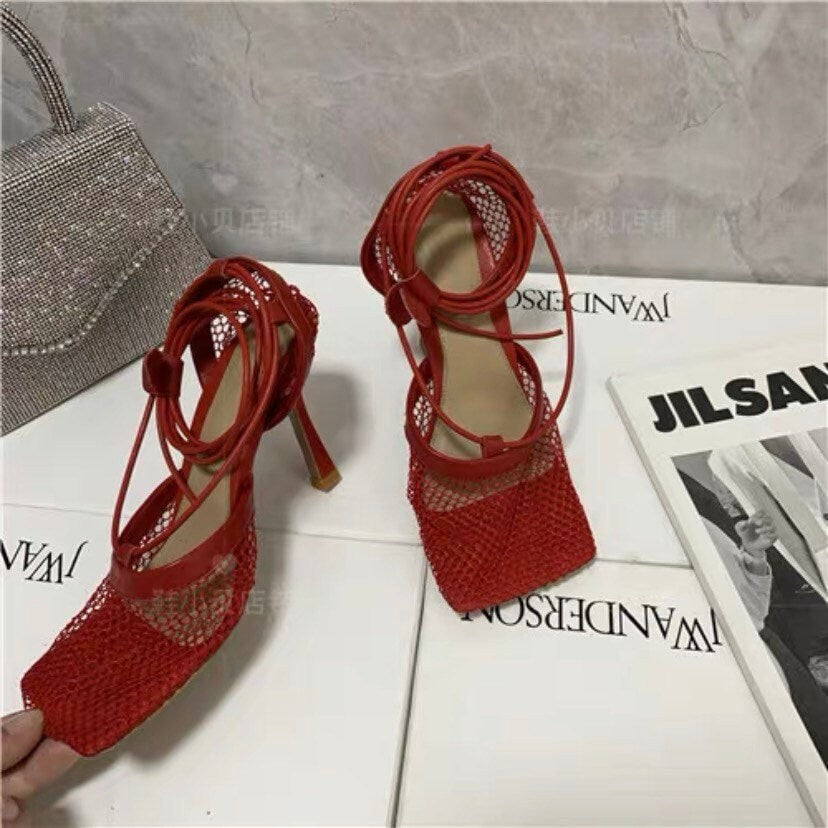 woven intrecciato sandal shoes stretch high heel shoes mesh and nappa sandals with an elongated squared toe