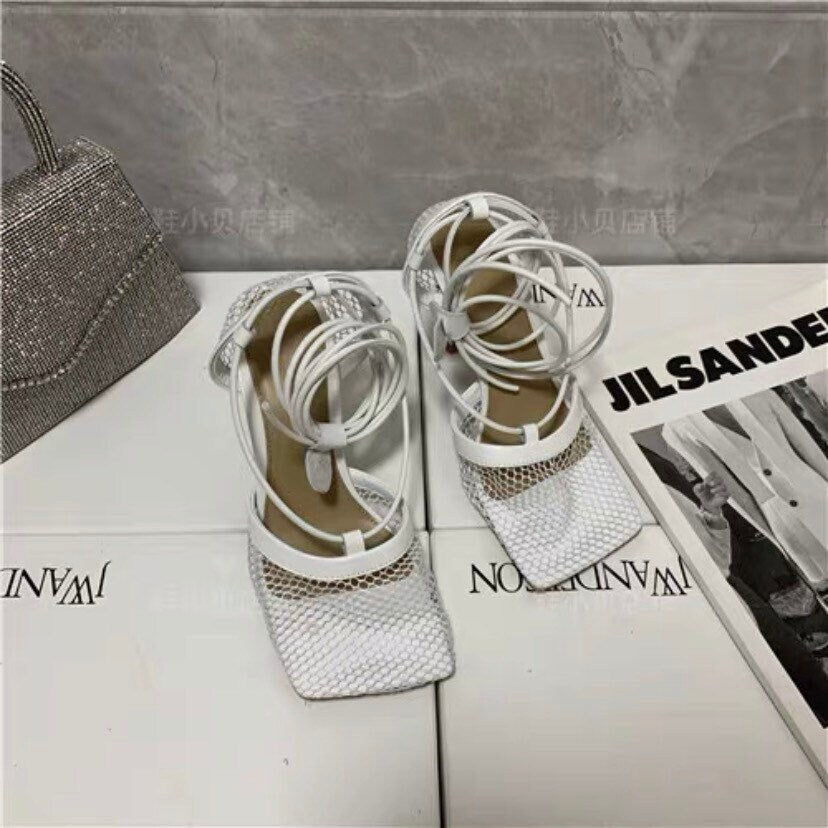 woven intrecciato sandal shoes stretch high heel shoes mesh and nappa sandals with an elongated squared toe