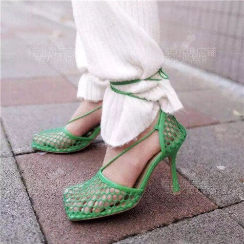 woven intrecciato sandal shoes stretch high heel shoes mesh and nappa sandals with an elongated squared toe