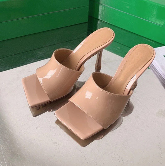 Square Toe High Heel Mule Patented Leather Sandal Shoes Slippers genuine lambskin leather