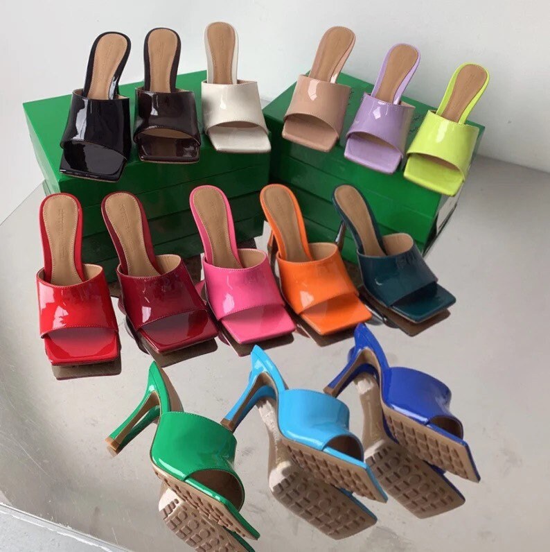 Square Toe High Heel Mule Patented Leather Sandal Shoes Slippers genuine lambskin leather