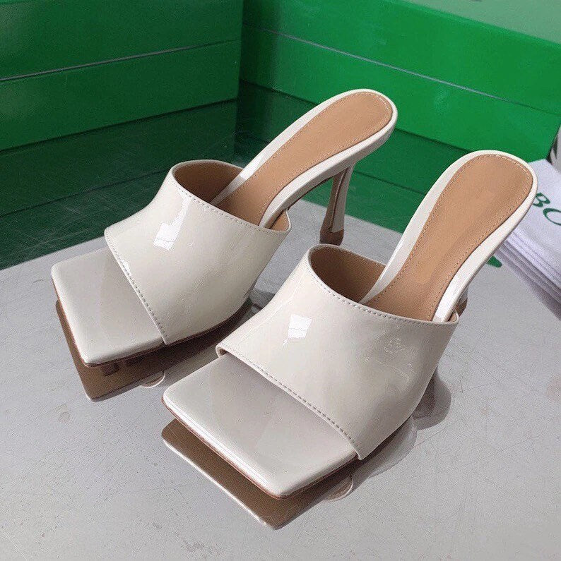 Square Toe High Heel Mule Patented Leather Sandal Shoes Slippers genuine lambskin leather