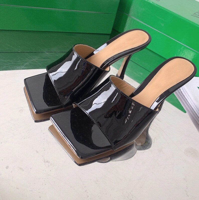 Square Toe High Heel Mule Patented Leather Sandal Shoes Slippers genuine lambskin leather
